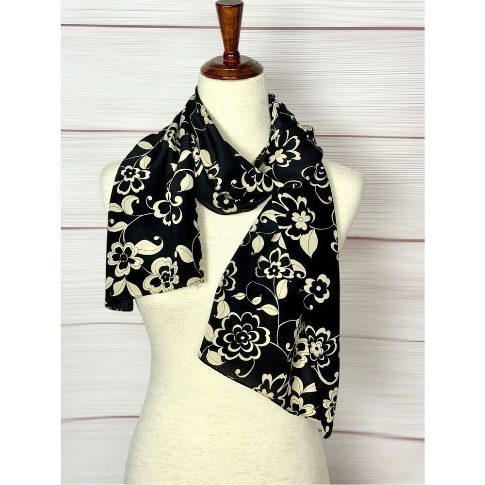 Casca Silk Rectangle Scarf Black White Floral Print Korea 57x13,5"